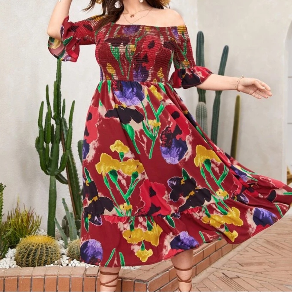 Boho plus size floral shirred dress
